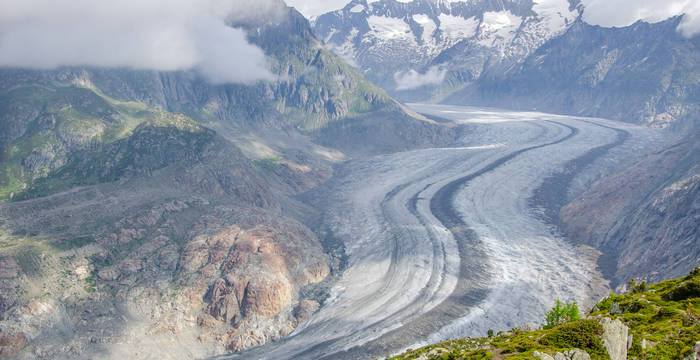Groupe regarde sur le glacier d'Aletsch